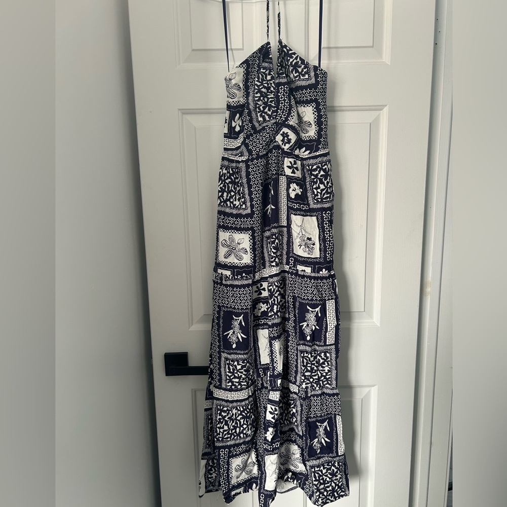 NEW 🆕 Monteau Navy and White Patterned Maxi Dress Linen Blend size S